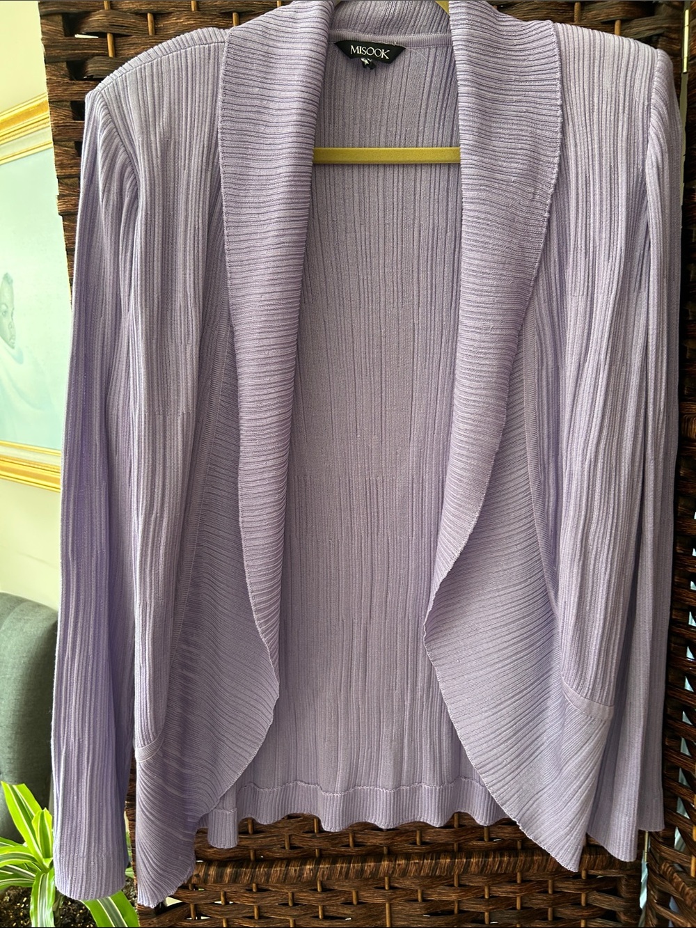 Misook Soft Lavender Ribbed Drape Cardigan